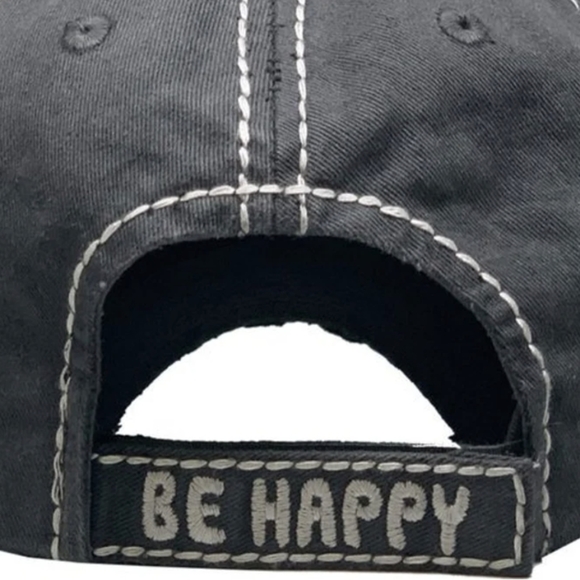 NWT Distressed Bee Happy Black Cap - Picture 2 of 4
